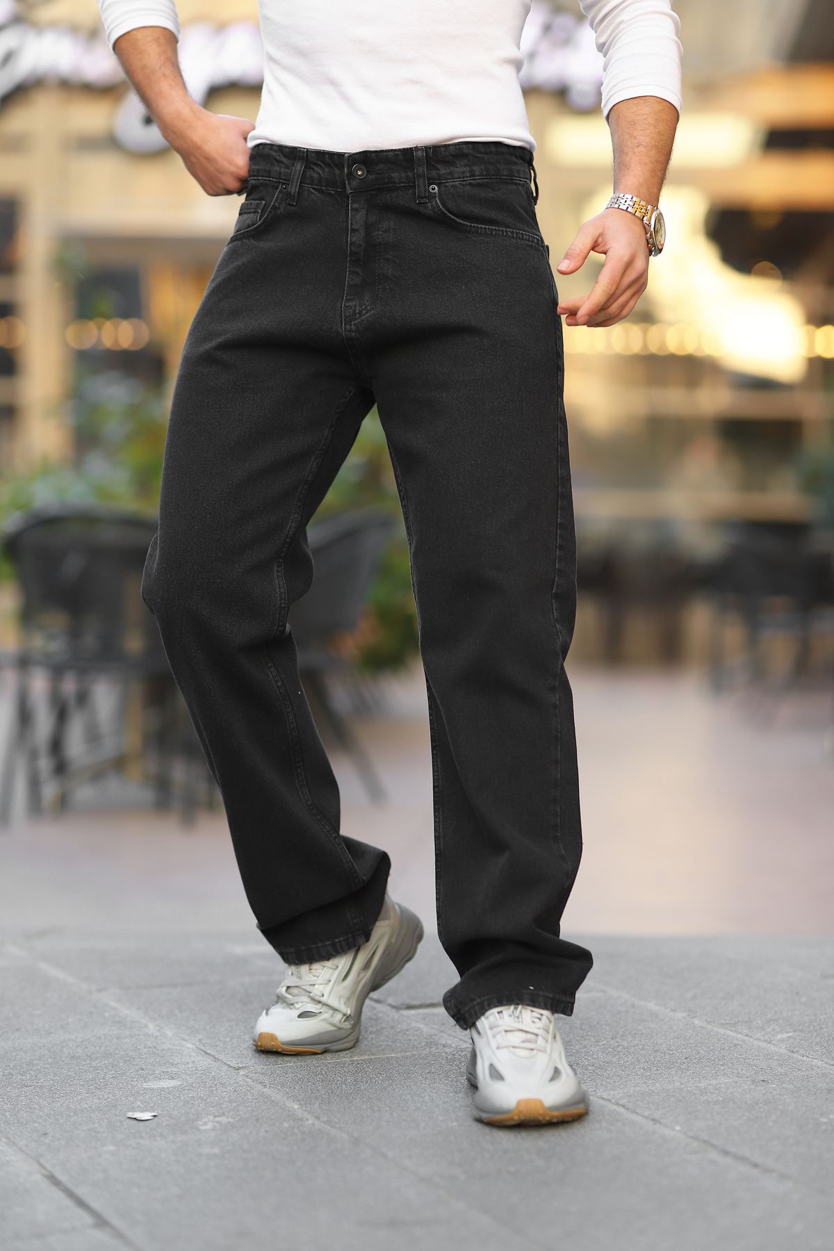  Erkek Siyah Baggy Fit Rahat Kalıp Jean Pantolon