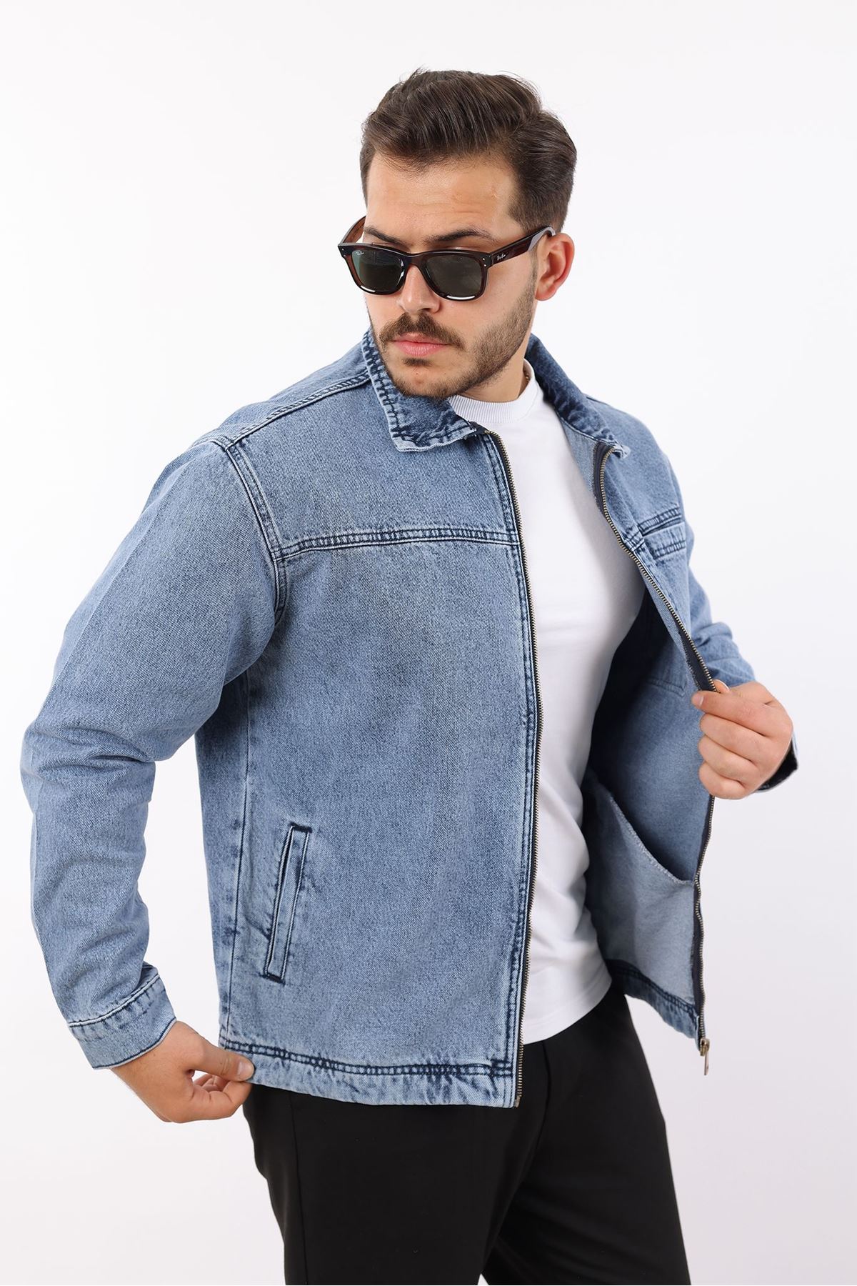 Мужская джинсовая куртка-бомбер оверсайз цвета хаки, стираная модель на молнии