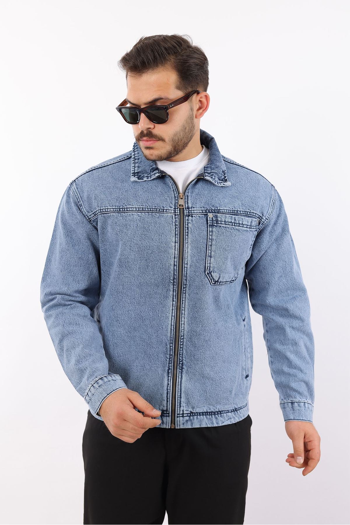 Мужская джинсовая куртка-бомбер оверсайз цвета хаки, стираная модель на молнии