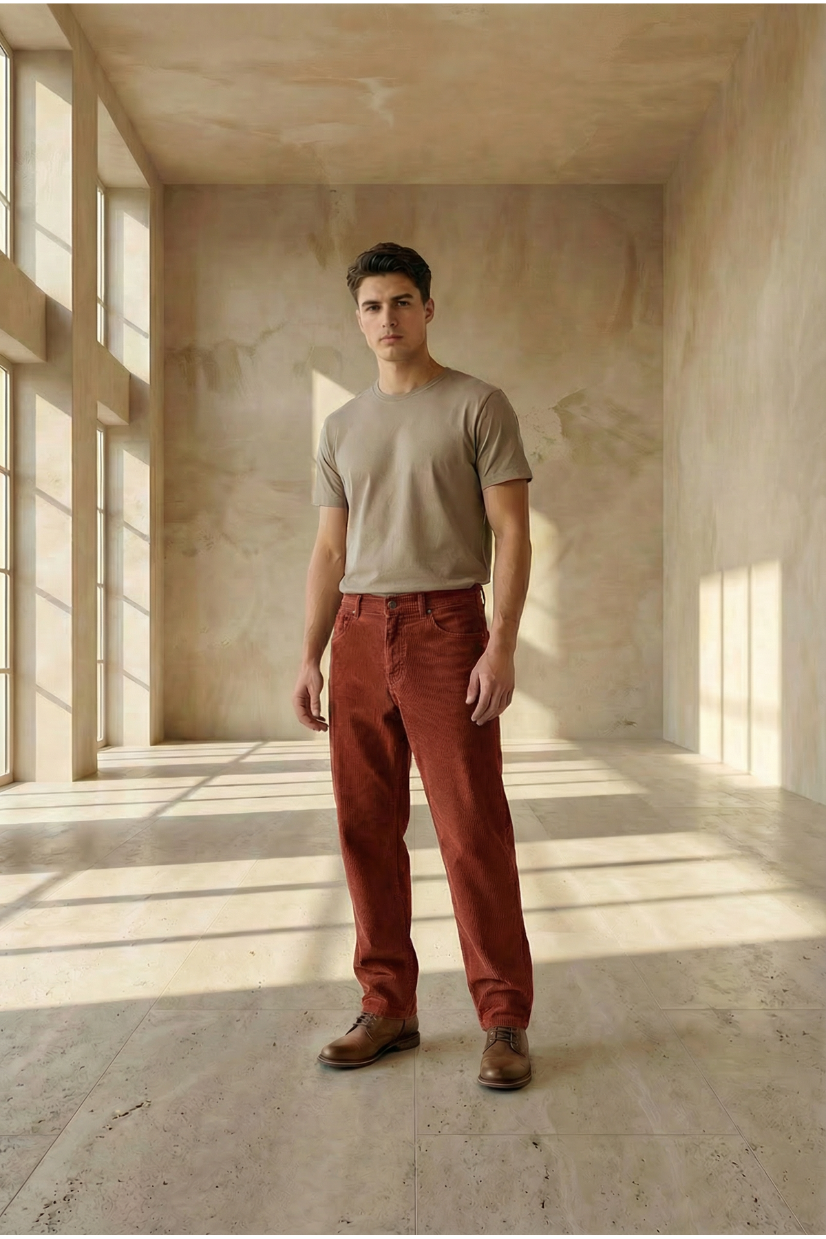  Erkek  Baggy Fit Rahat Kalıp Kiremit Kadife  Pantolon  