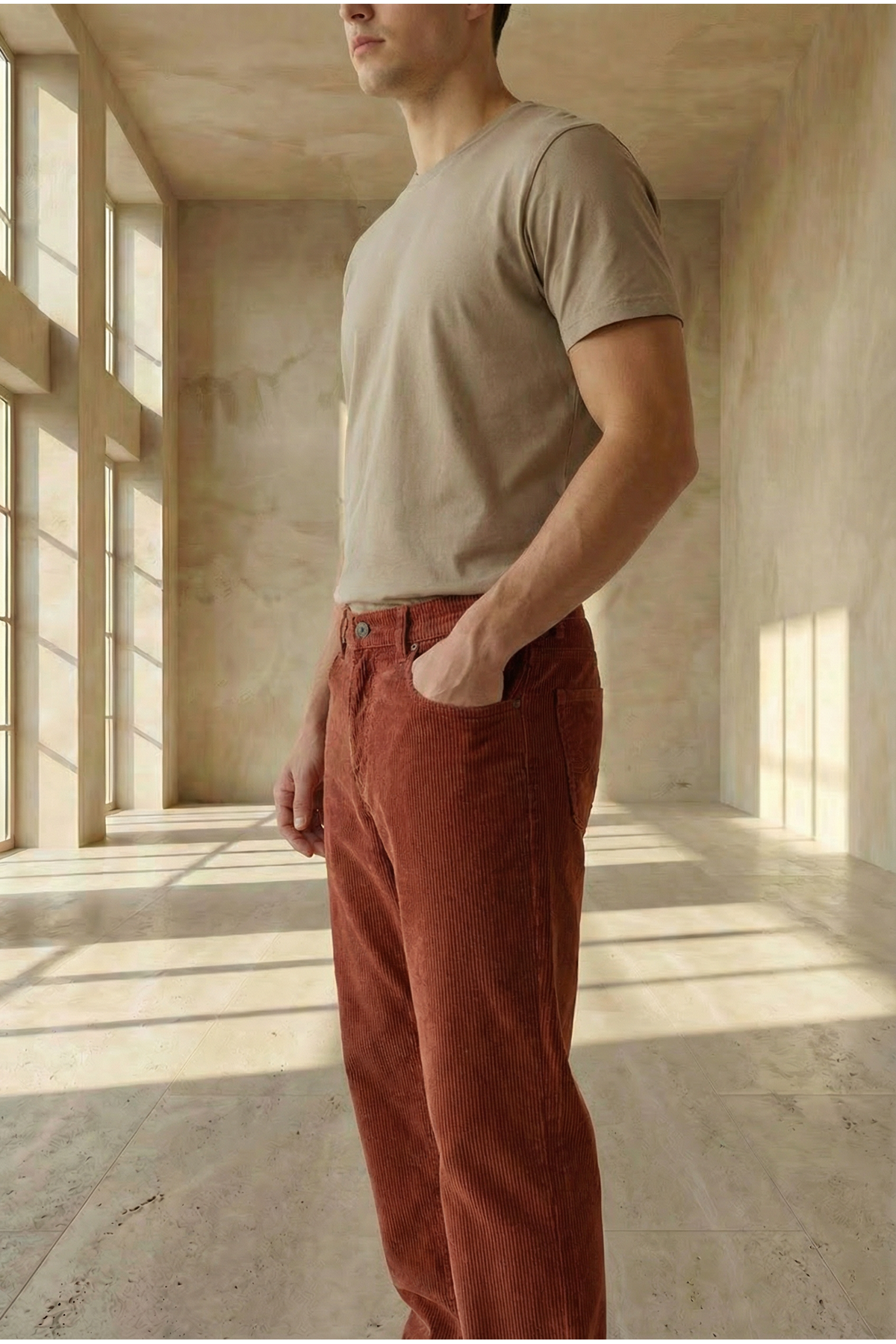  Erkek  Baggy Fit Rahat Kalıp Kiremit Kadife  Pantolon  