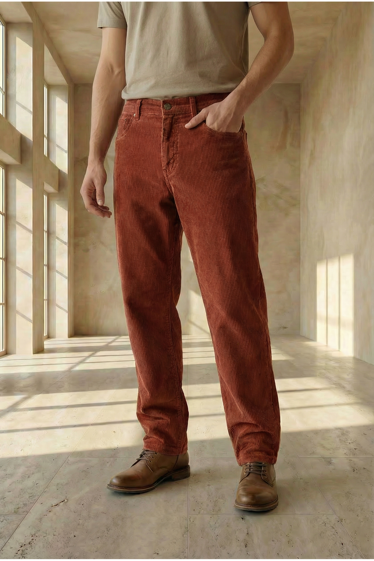  Erkek  Baggy Fit Rahat Kalıp Kiremit Kadife  Pantolon  