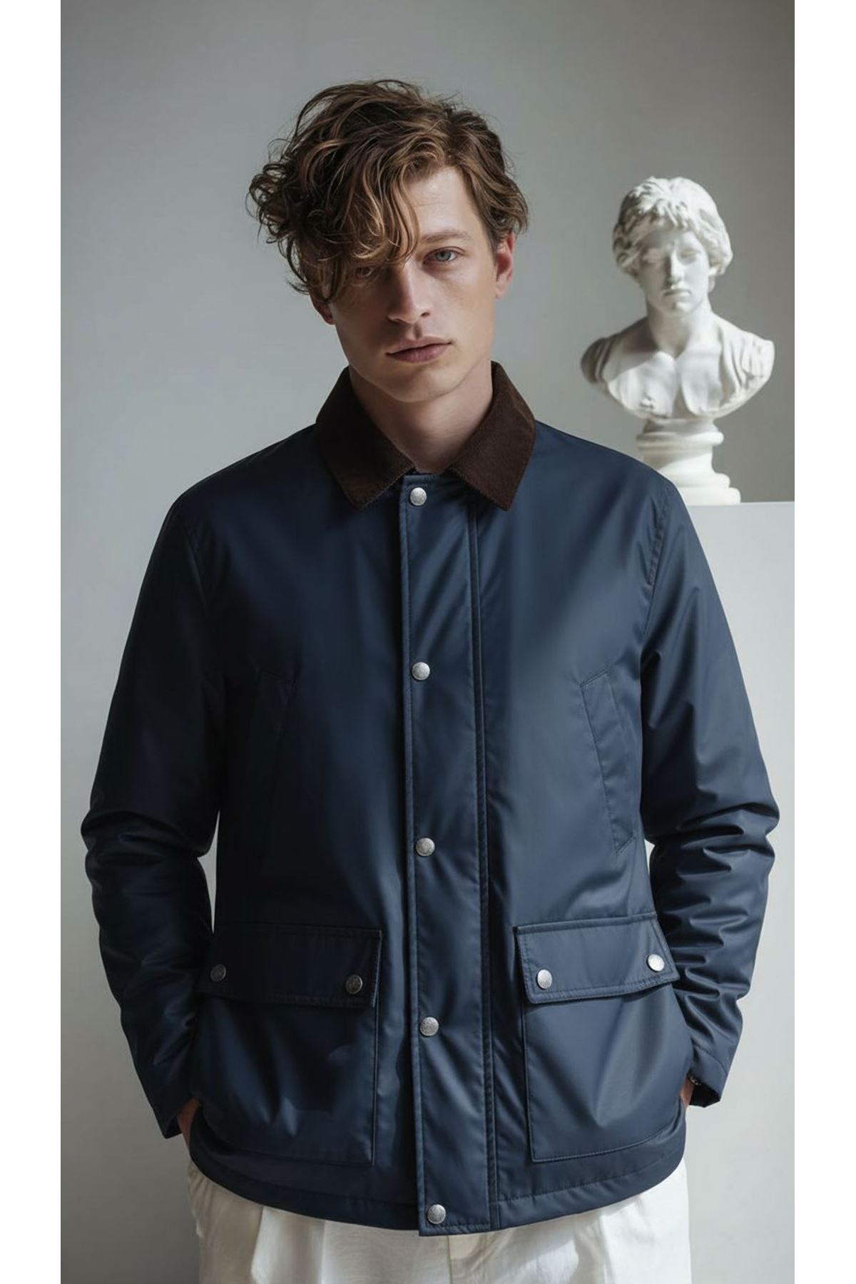 Erkek Lacivert Mont Mumlu İçi Astarlı Kadife Yaka  