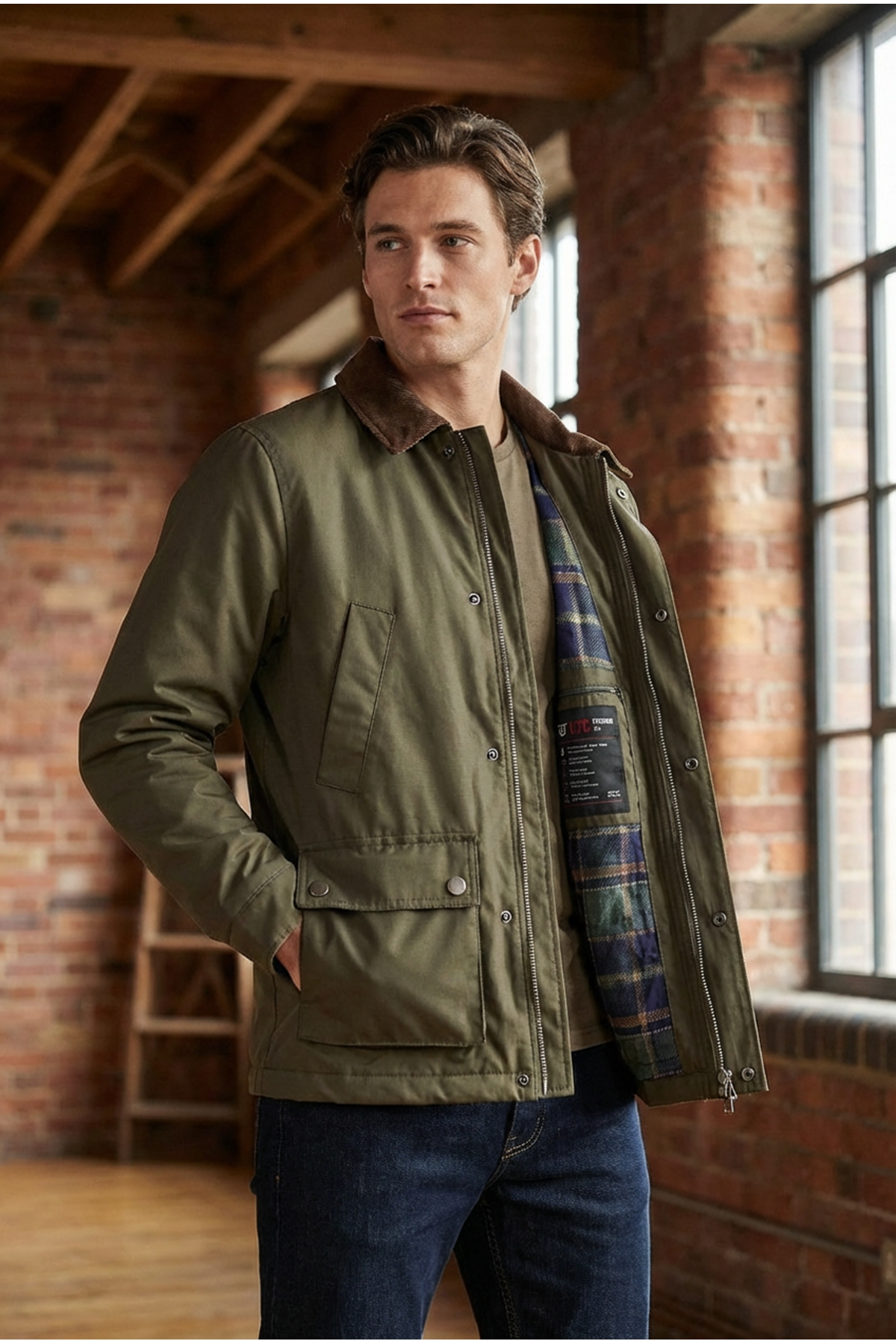 Erkek Haki Mont Mumlu İçi Astarlı Kadife Yaka  