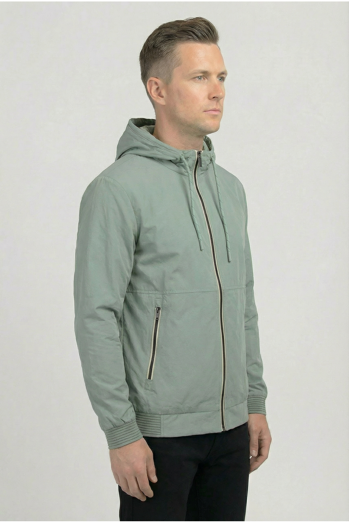 Мужская джинсовая куртка-бомбер оверсайз цвета хаки, стираная модель на молнии