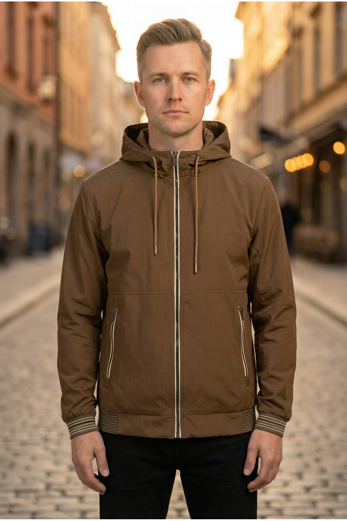 Erkek Relaxed Teknik Kumaş Çıkarılabilir Kapüşon Baharlık & yağmurluk Kahve Spor Ceket 