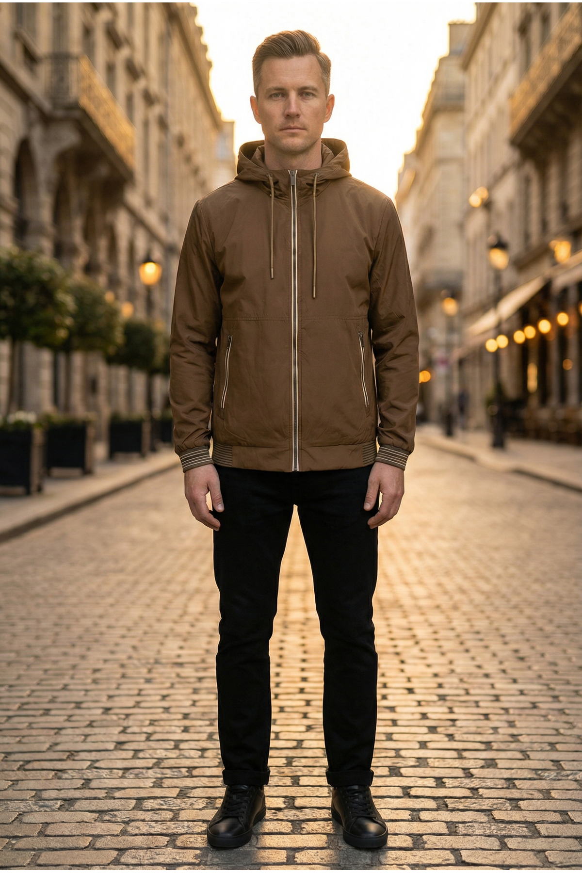 Erkek Relaxed Teknik Kumaş Çıkarılabilir Kapüşon Baharlık & yağmurluk Kahve Spor Ceket 