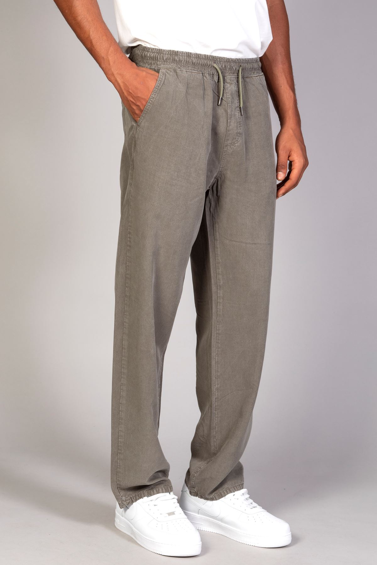  Erkek Beli Lastikli Battal Beden Tensel Kumaş Haki Baggy Pantolon 