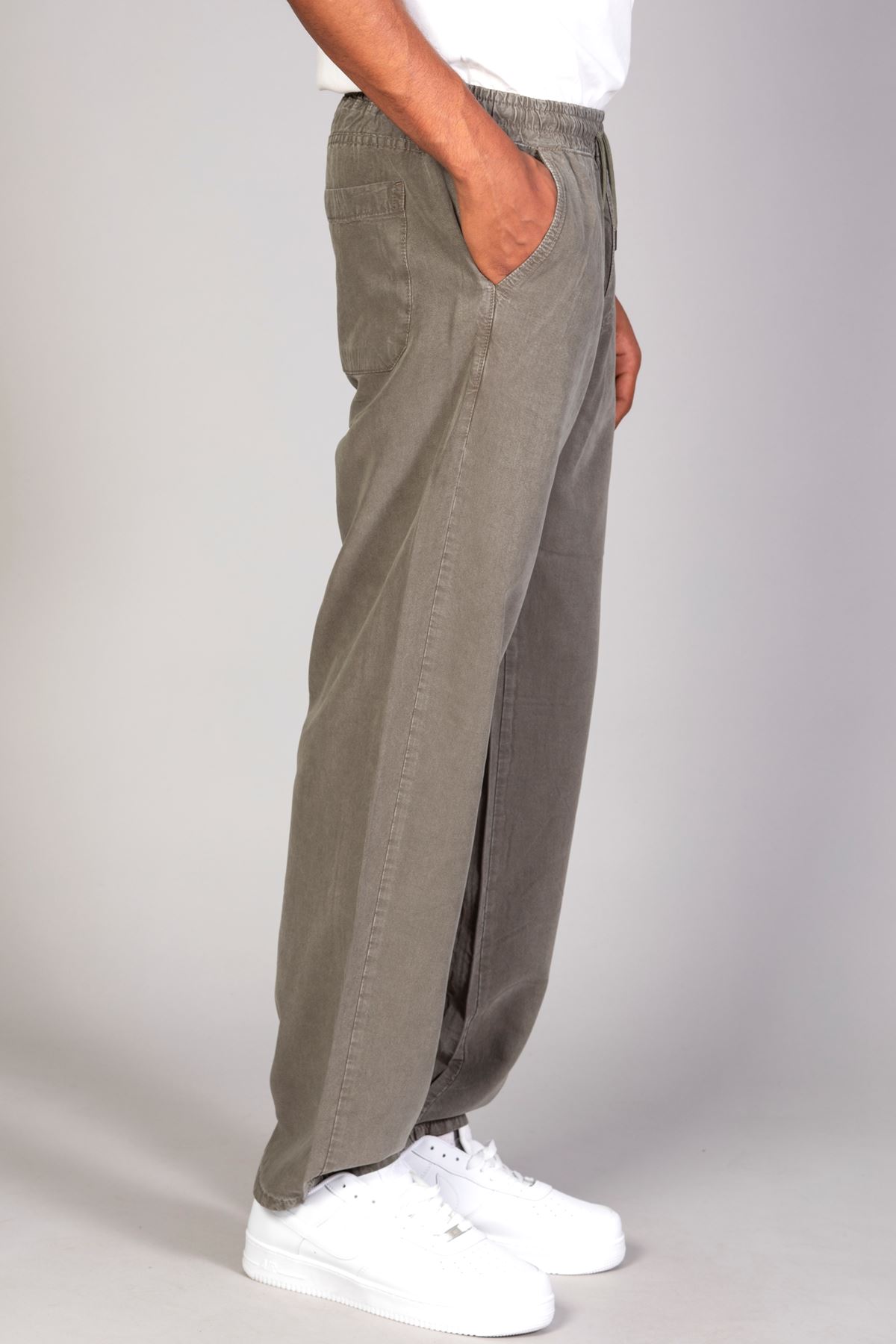  Erkek Beli Lastikli Battal Beden Tensel Kumaş Haki Baggy Pantolon 