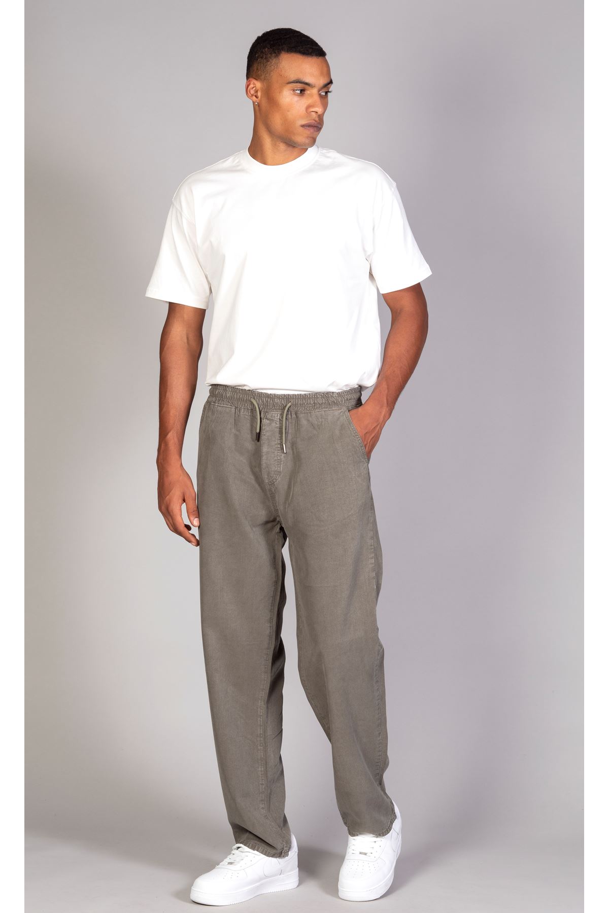  Erkek Beli Lastikli Battal Beden Tensel Kumaş Haki Baggy Pantolon 