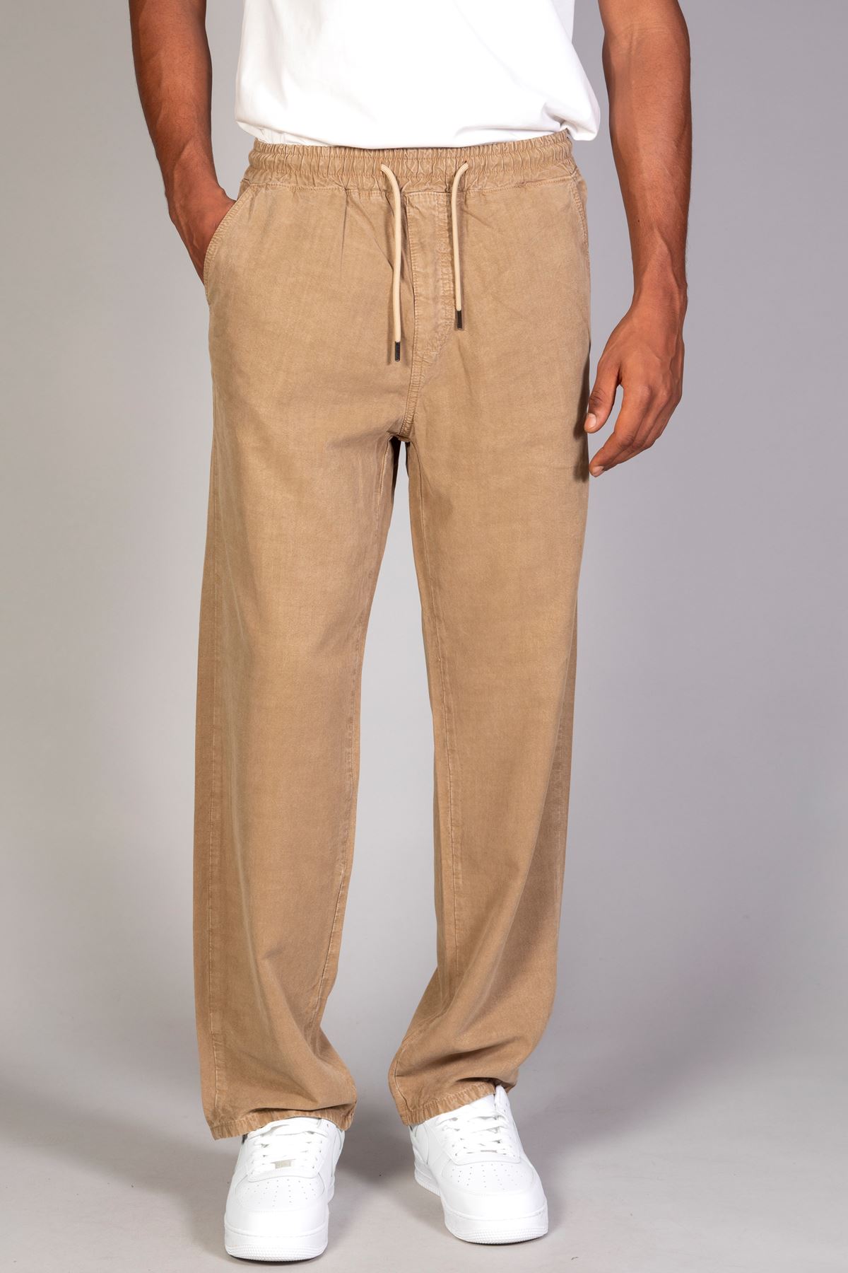  Erkek Beli Lastikli Süper Rahat Tensel Kumaş Camel Baggy Pantolon 