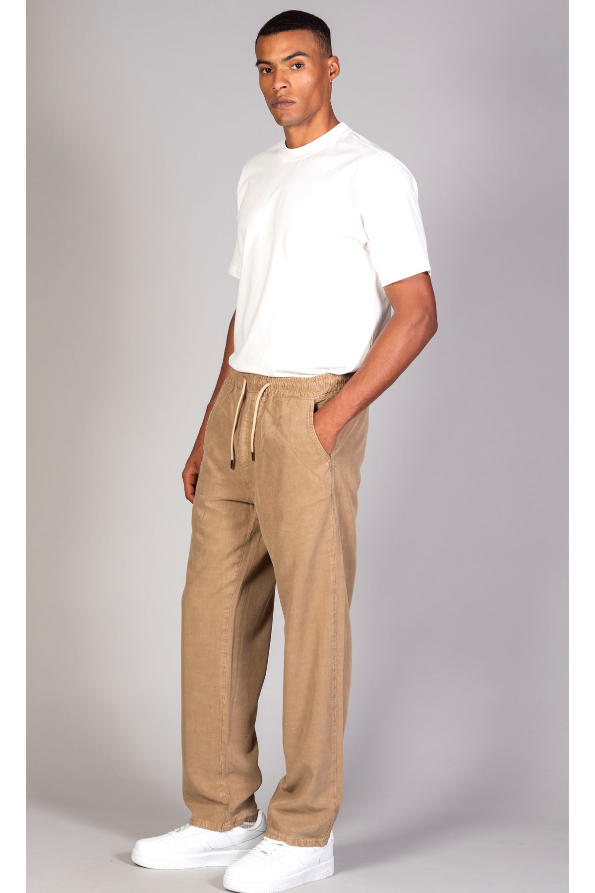  Erkek Beli Lastikli Süper Rahat Tensel Kumaş Camel Baggy Pantolon 