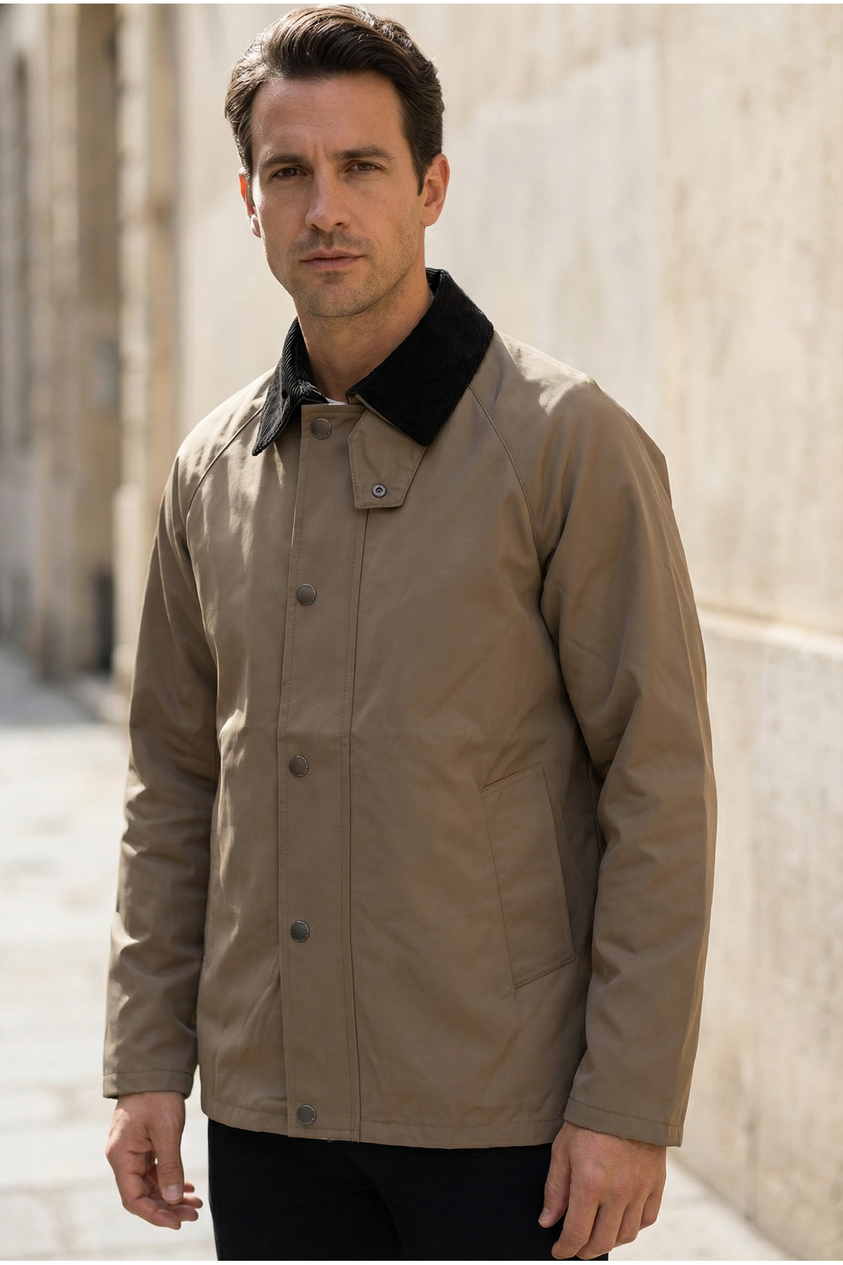 Erkek Regular Fit  Fermuarlı Çıtçıtlı Trench Vizon Ceket 