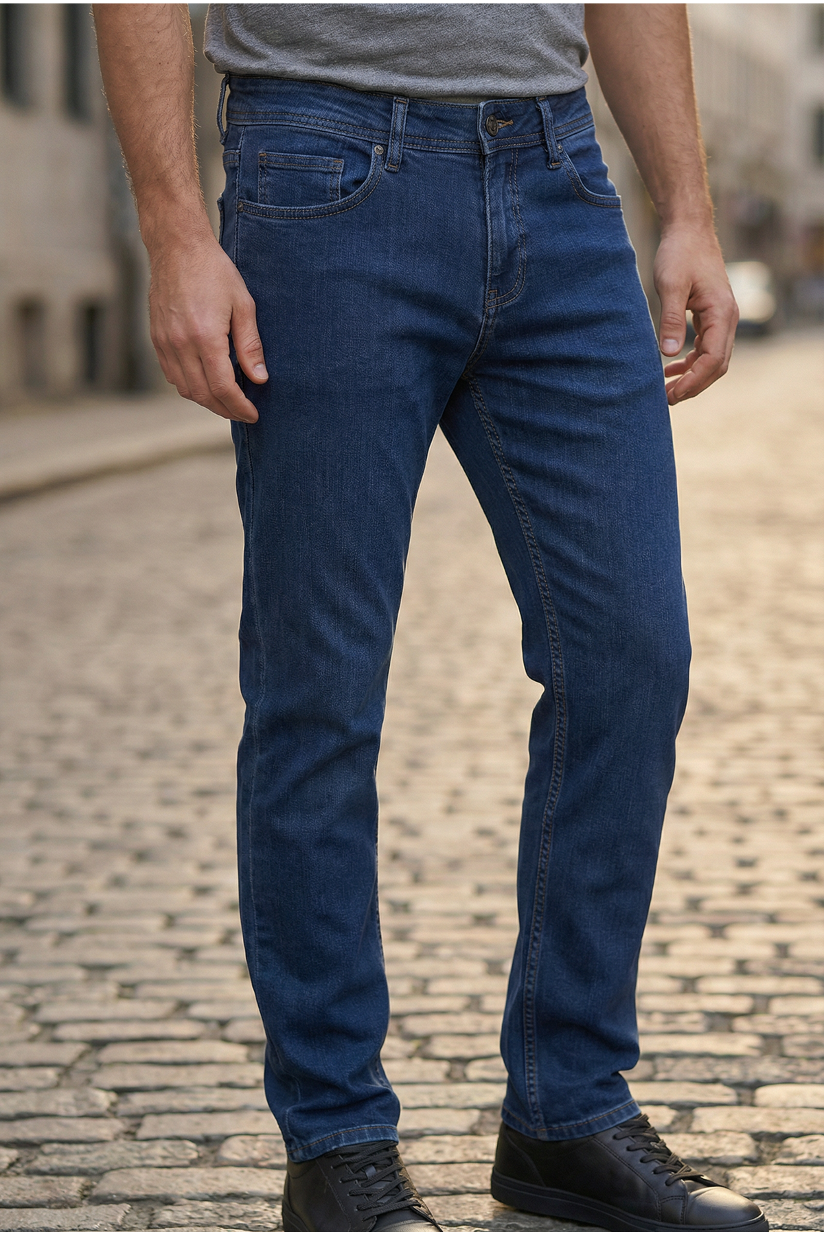 Erkek Mavi Klasik Kesim Pamuklu Esnek Jean Kot Denim Pantolon