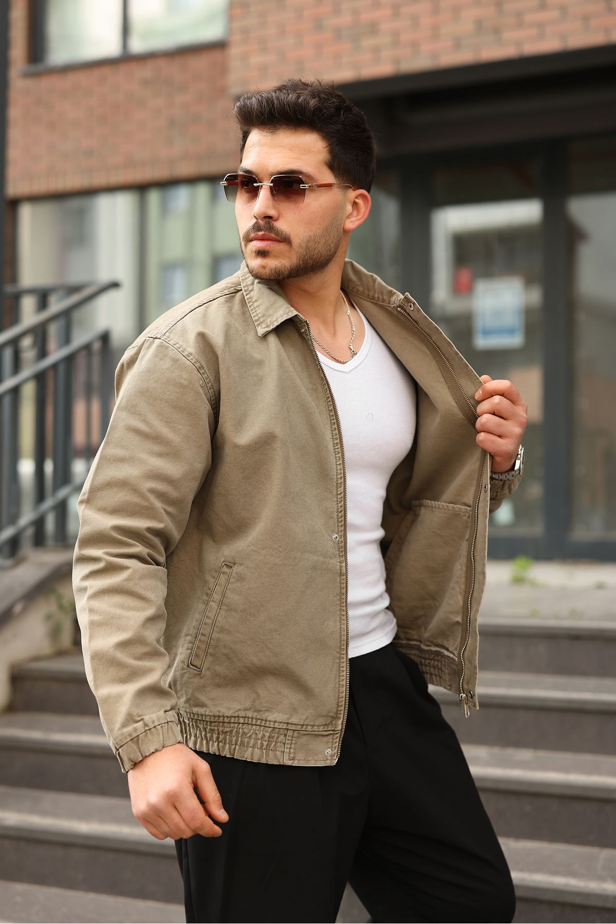 Мужская джинсовая куртка-бомбер оверсайз цвета хаки, стираная модель на молнии