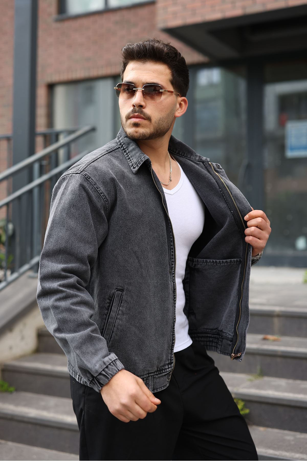 Erkek Regular Fermuarlı ve Çıtçıtlı Antrasit Kot Ceket