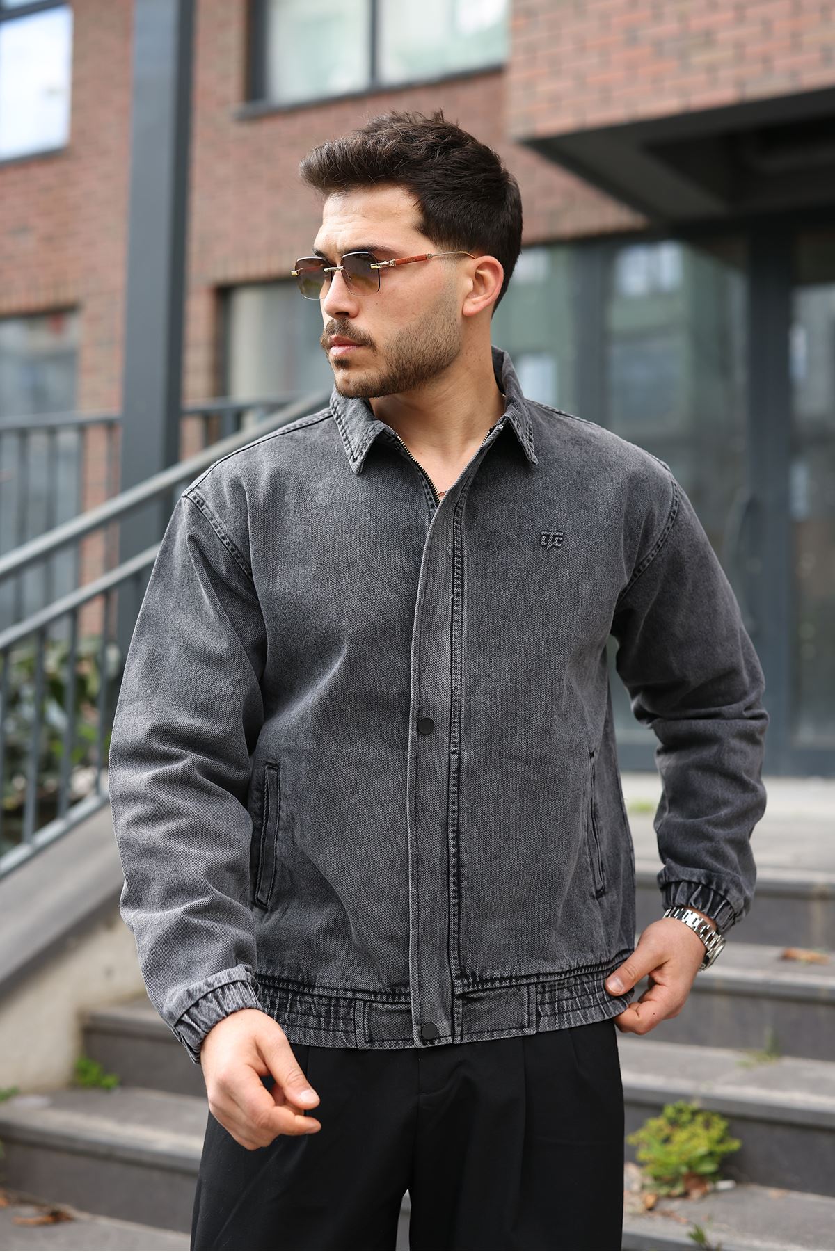 Erkek Regular Fermuarlı ve Çıtçıtlı Antrasit Kot Ceket