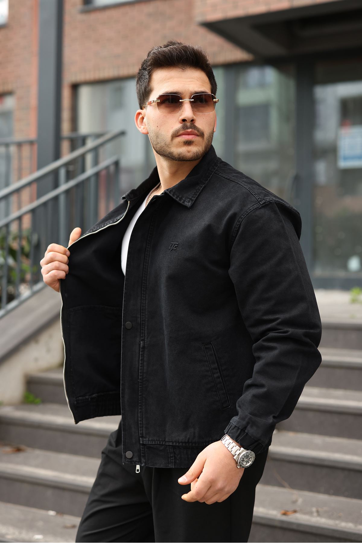 Мужская джинсовая куртка-бомбер оверсайз цвета хаки, стираная модель на молнии