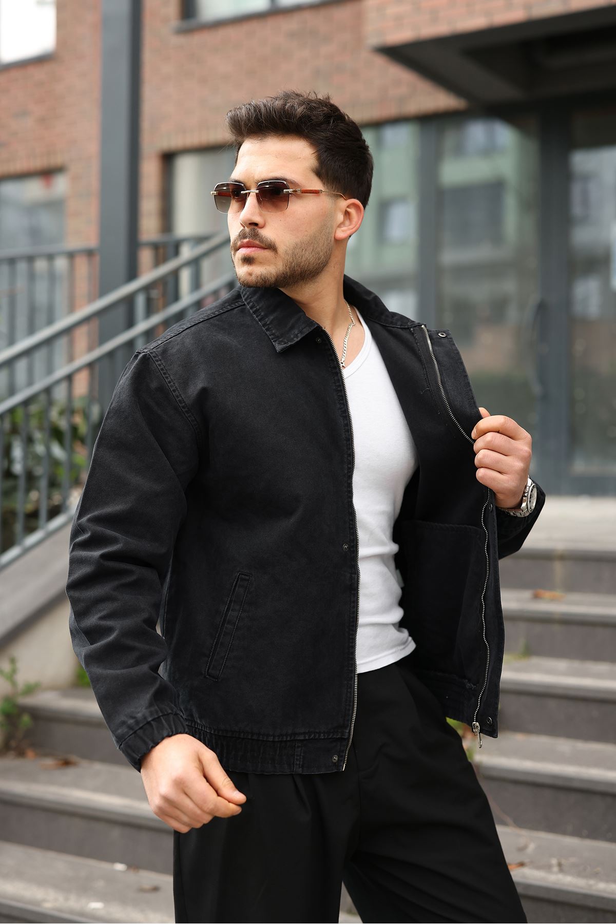 Мужская джинсовая куртка-бомбер оверсайз цвета хаки, стираная модель на молнии