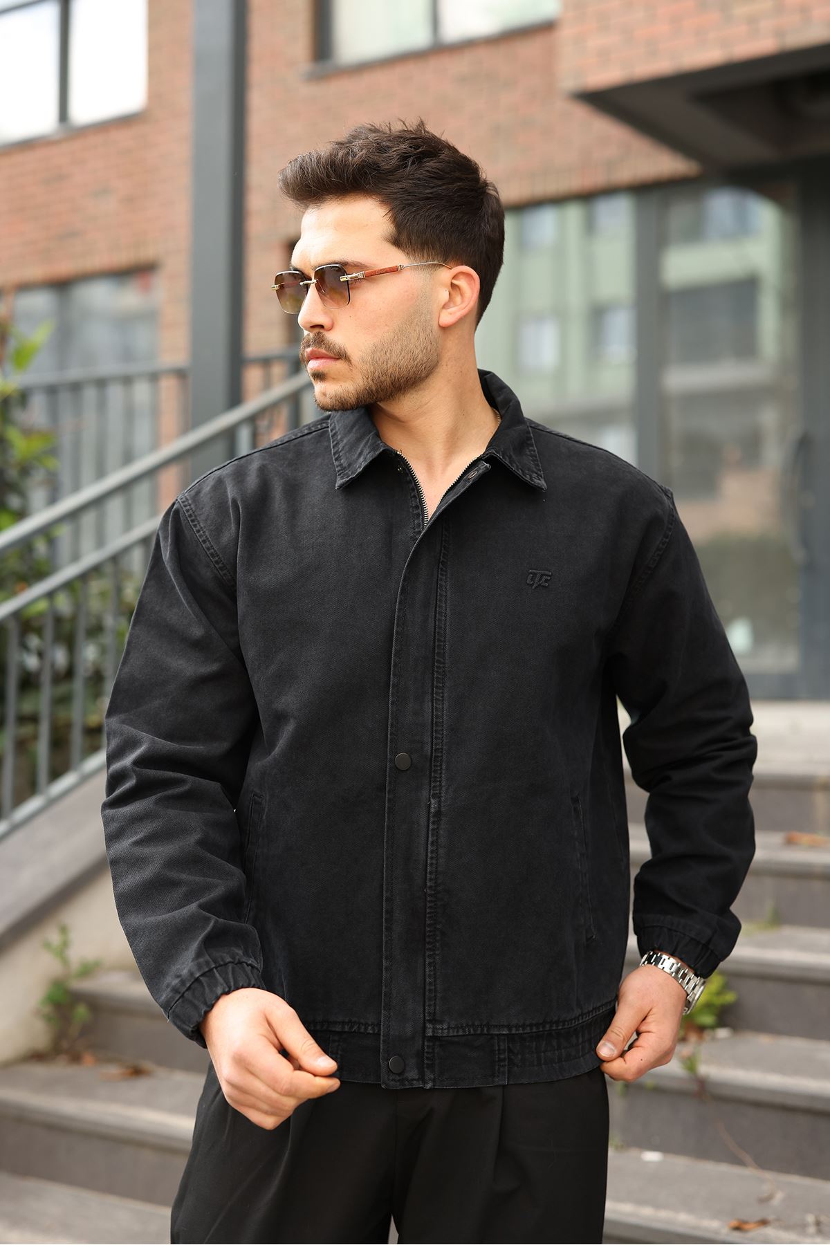 Мужская джинсовая куртка-бомбер оверсайз цвета хаки, стираная модель на молнии