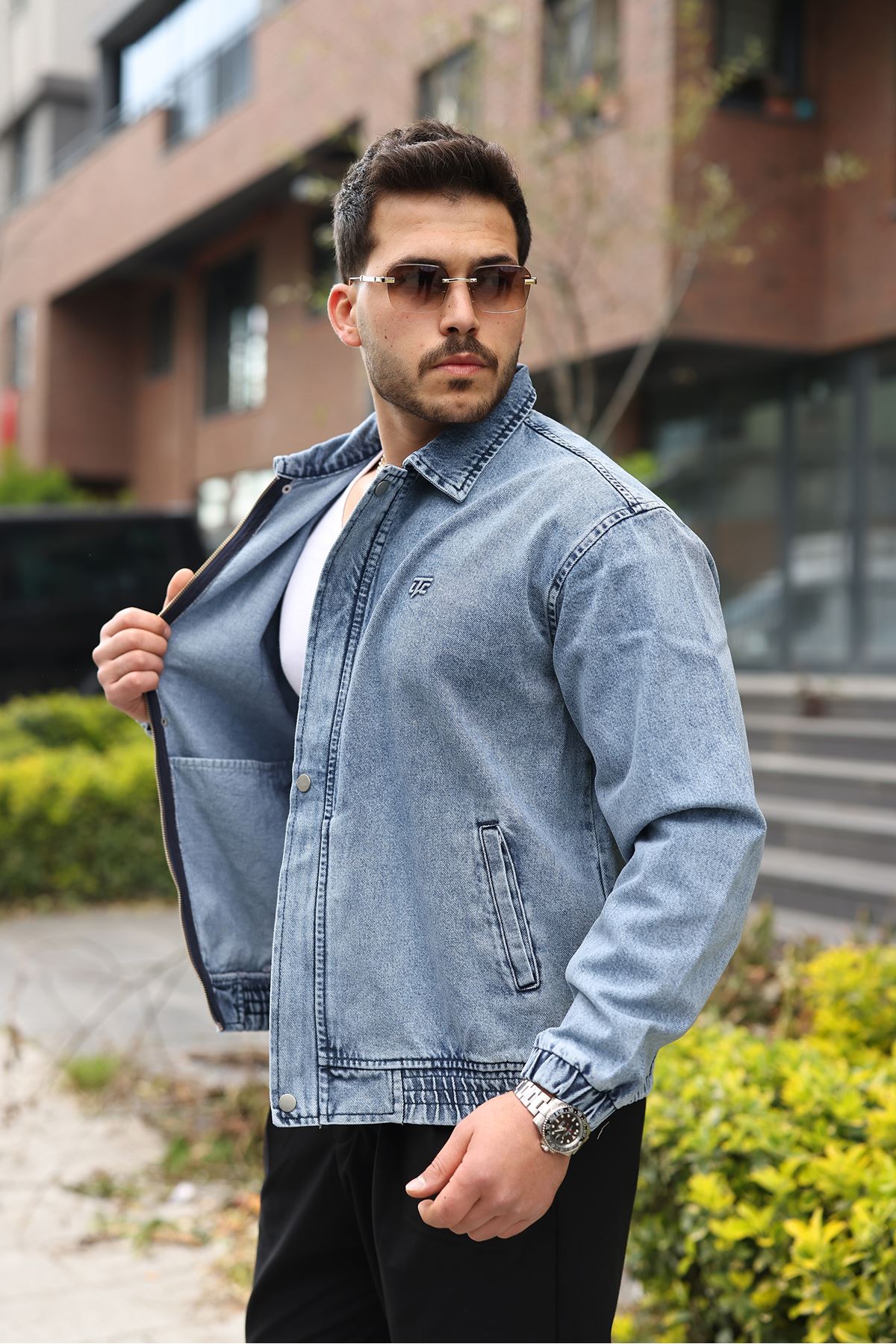 Мужская джинсовая куртка-бомбер оверсайз цвета хаки, стираная модель на молнии