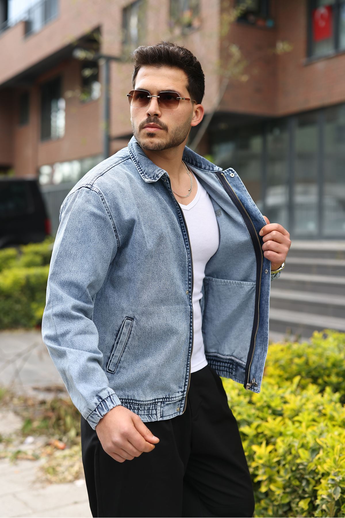 Мужская джинсовая куртка-бомбер оверсайз цвета хаки, стираная модель на молнии