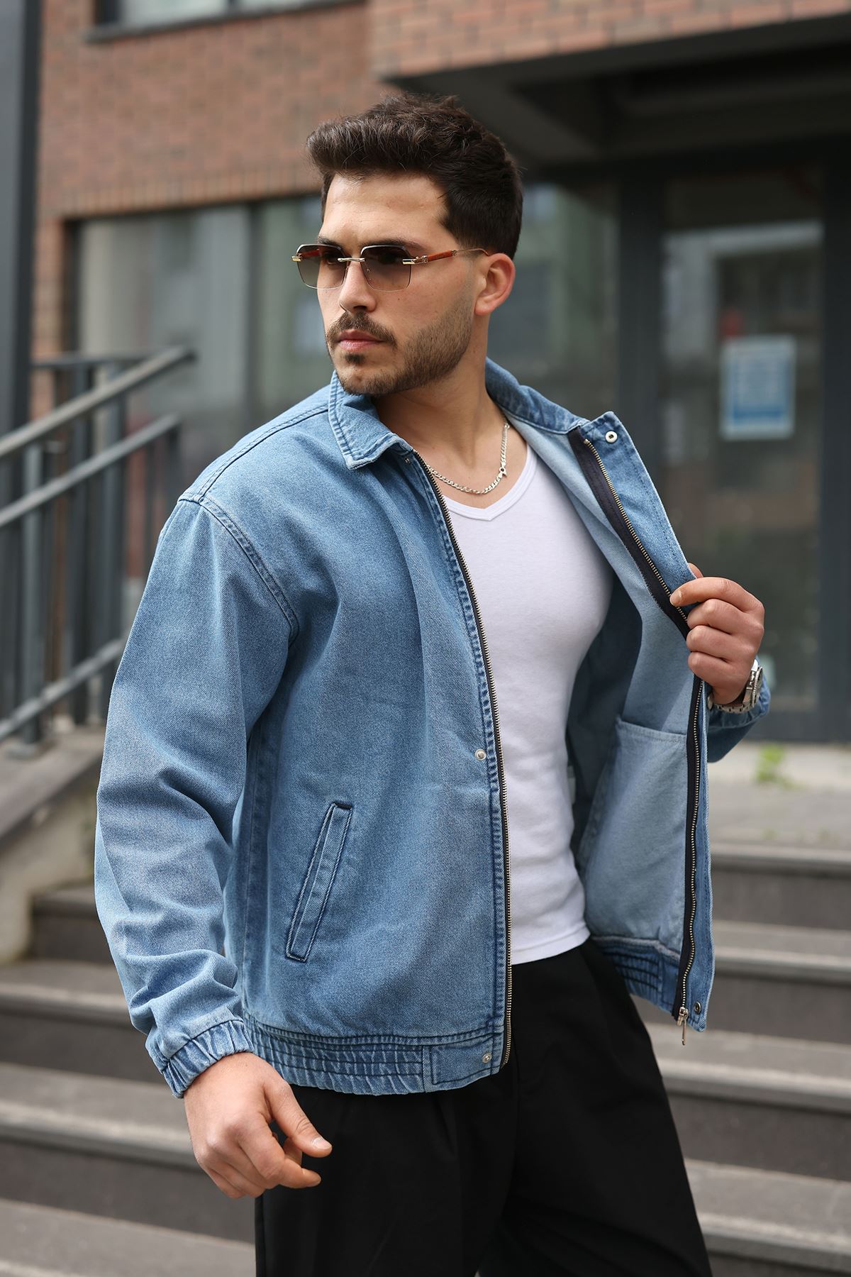 Erkek Regular Fermuarlı ve Çıtçıtlı Açık Mavi Kot Ceket