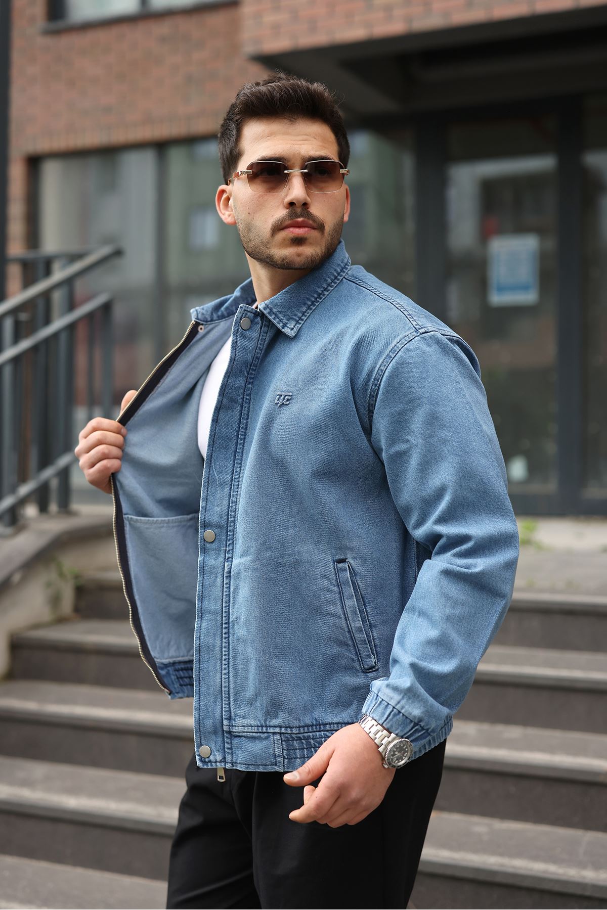 Erkek Regular Fermuarlı ve Çıtçıtlı Açık Mavi Kot Ceket