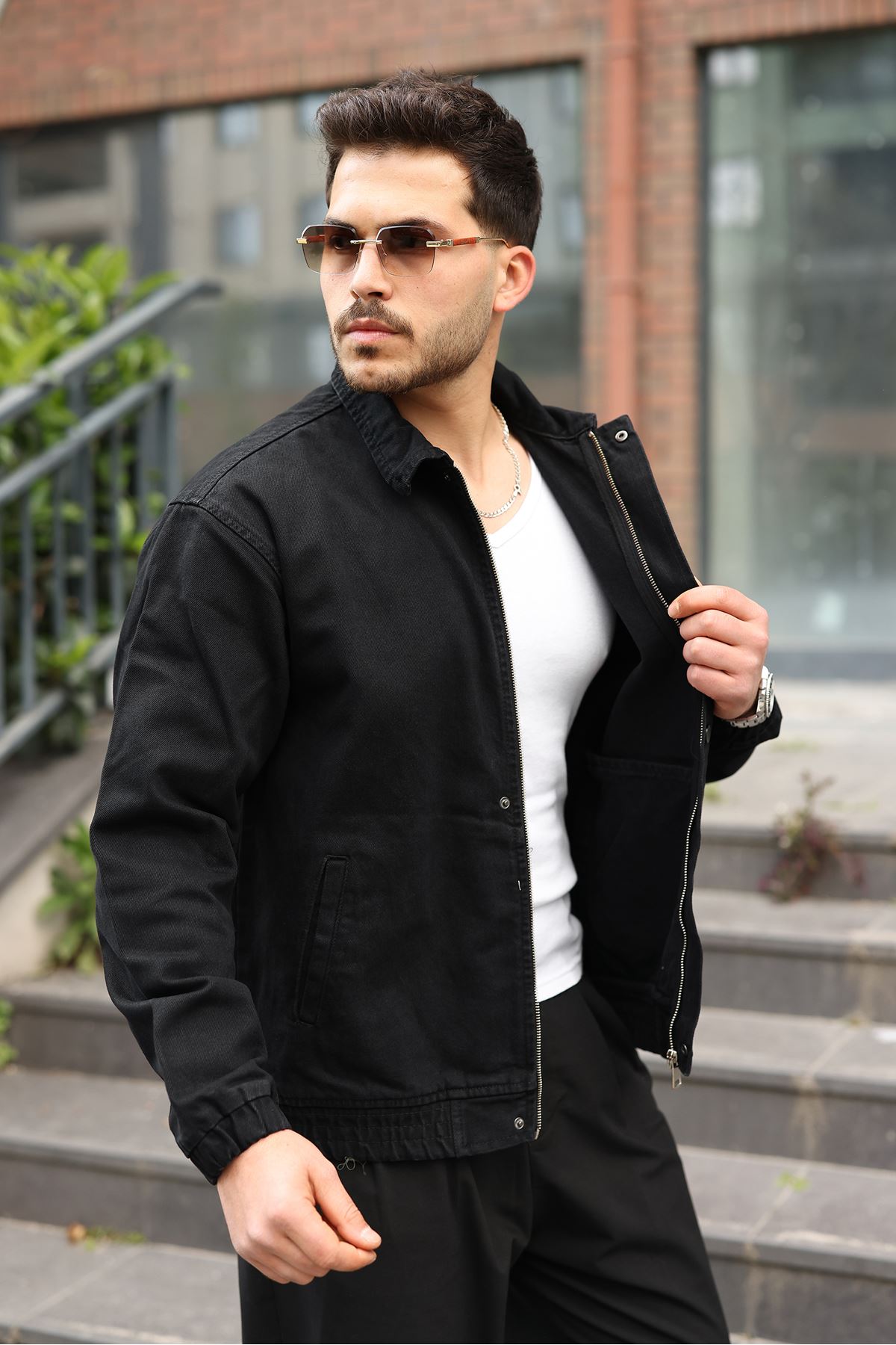 Мужская джинсовая куртка-бомбер оверсайз цвета хаки, стираная модель на молнии