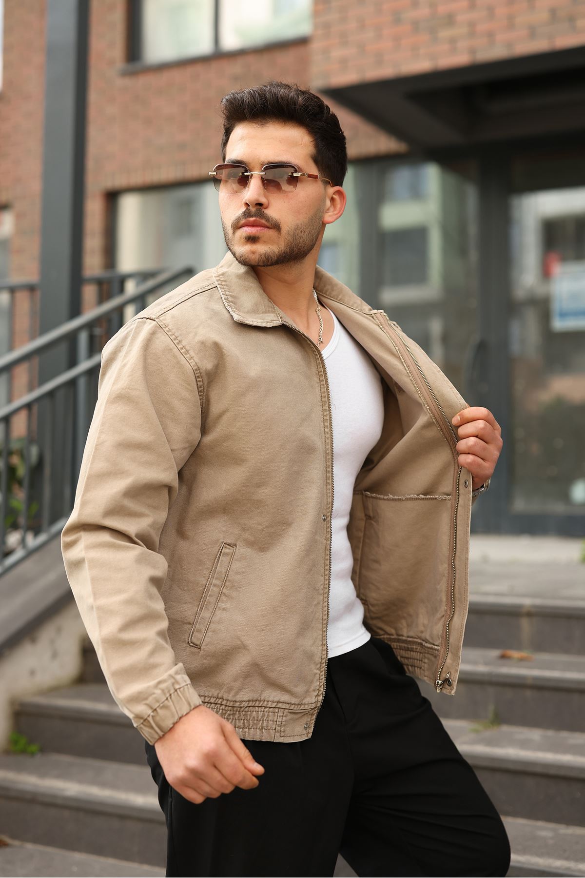 Мужская джинсовая куртка-бомбер оверсайз цвета хаки, стираная модель на молнии