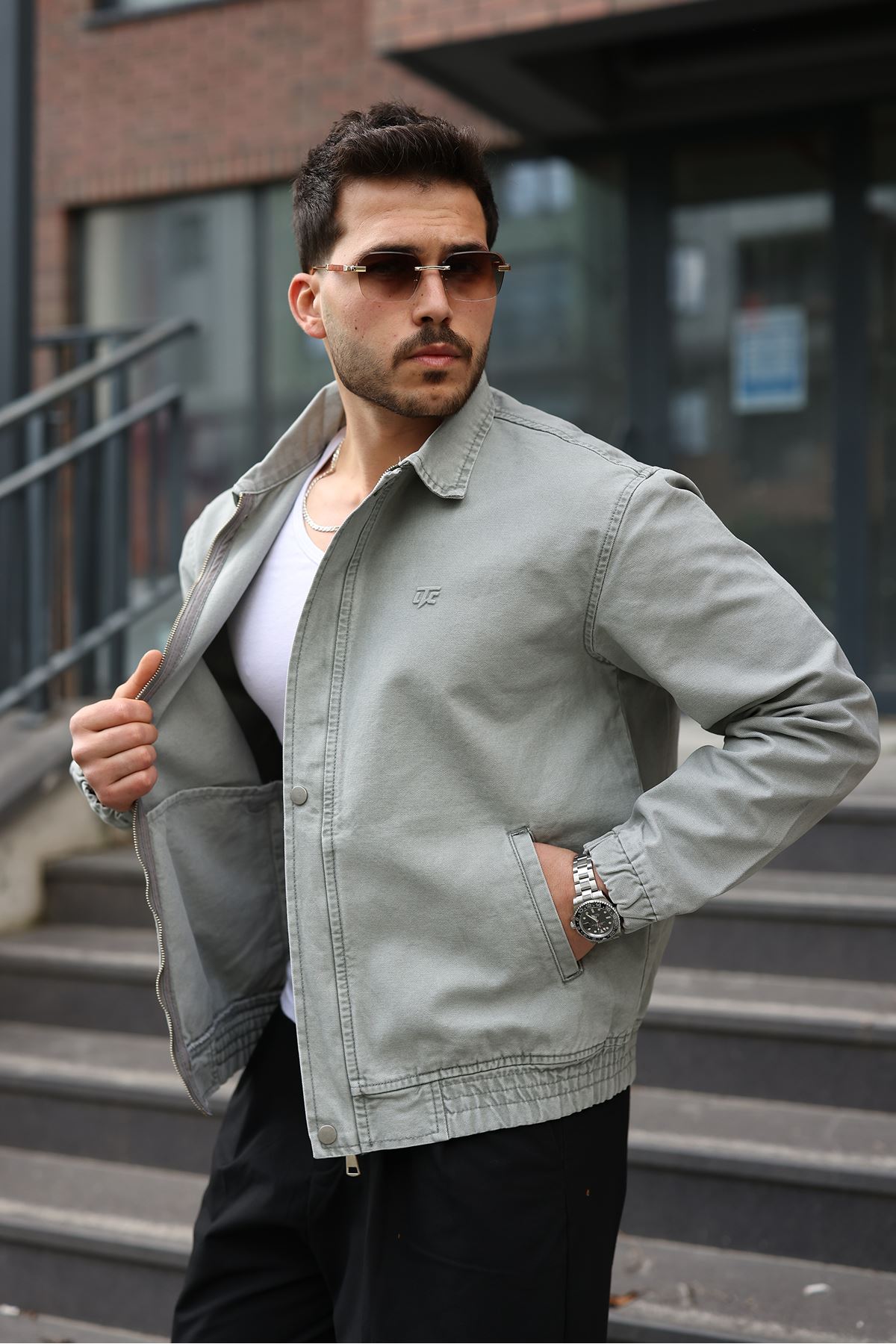 Erkek Regular Fermuarlı ve Çıtçıtlı Su Yeşili Kanvas Ceket