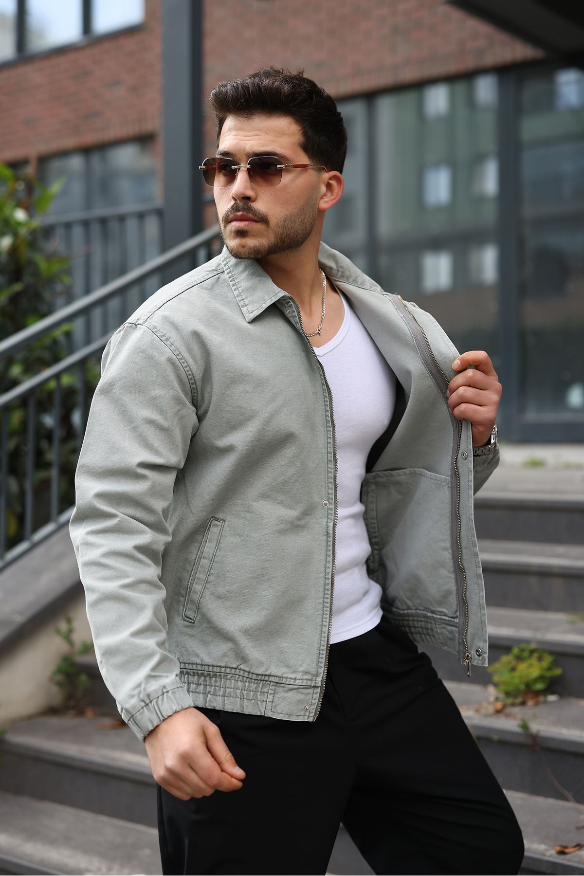 Erkek Regular Fermuarlı ve Çıtçıtlı Su Yeşili Kanvas Ceket