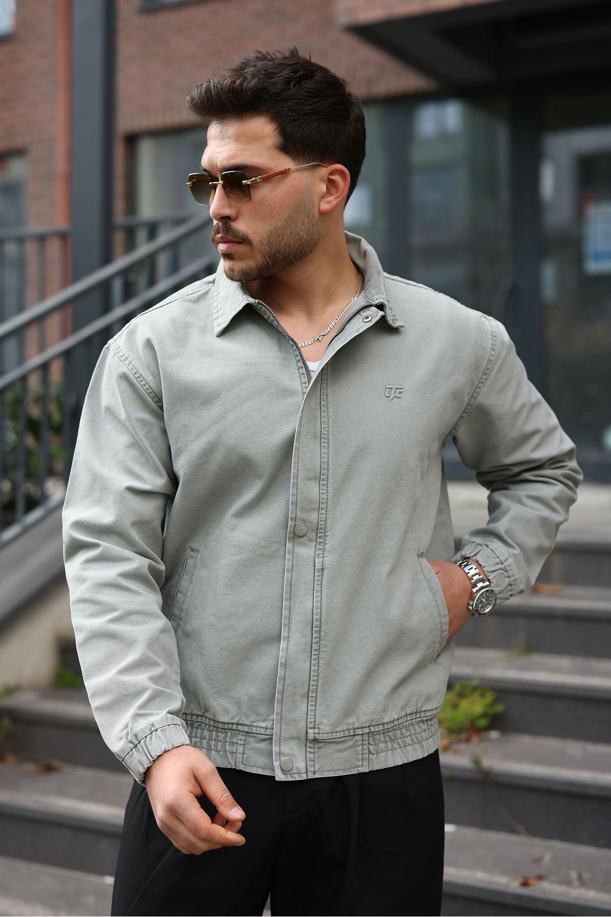 Erkek Regular Fermuarlı ve Çıtçıtlı Su Yeşili Kanvas Ceket