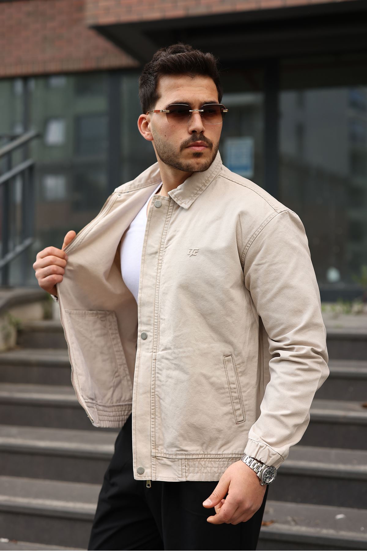 Erkek Regular Fermuarlı ve Çıtçıtlı Bej Kanvas Ceket