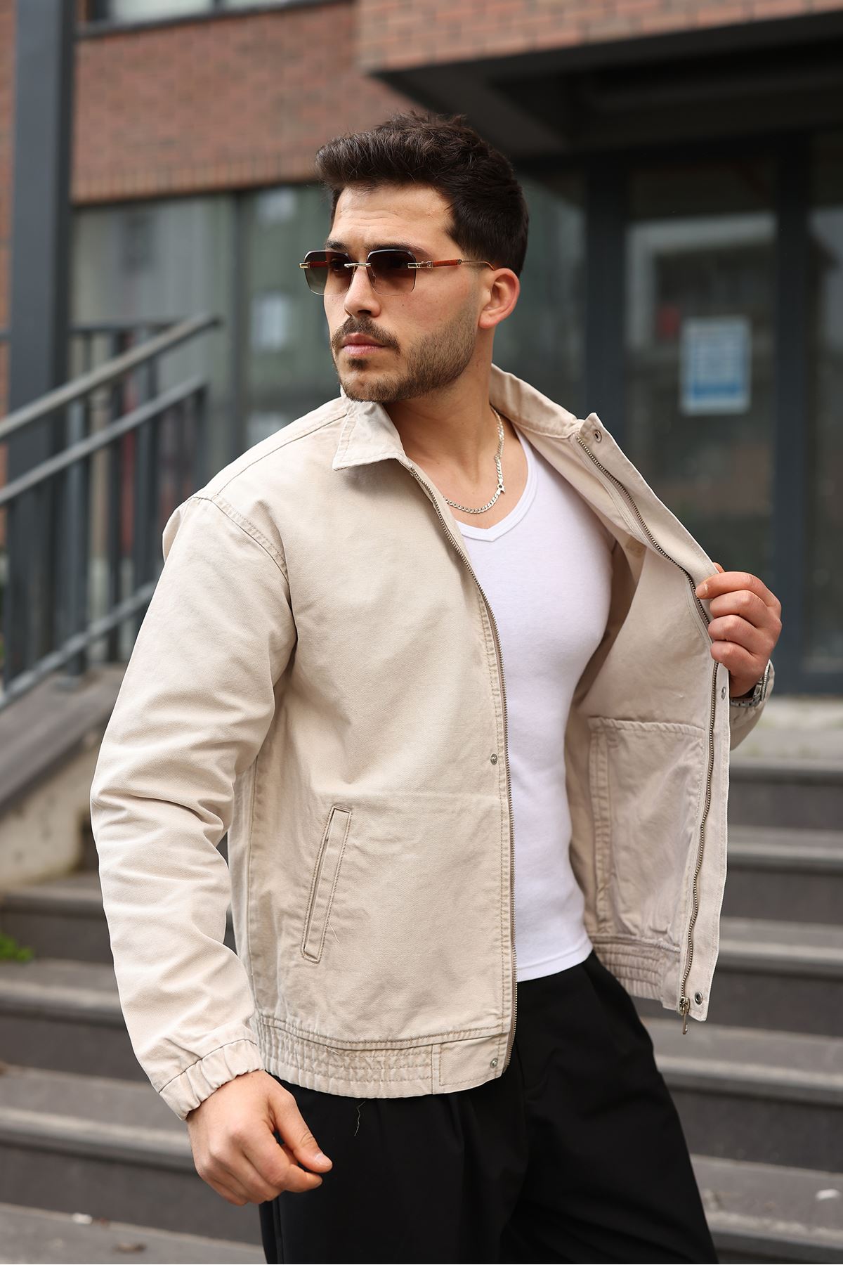 Erkek Regular Fermuarlı ve Çıtçıtlı Bej Kanvas Ceket