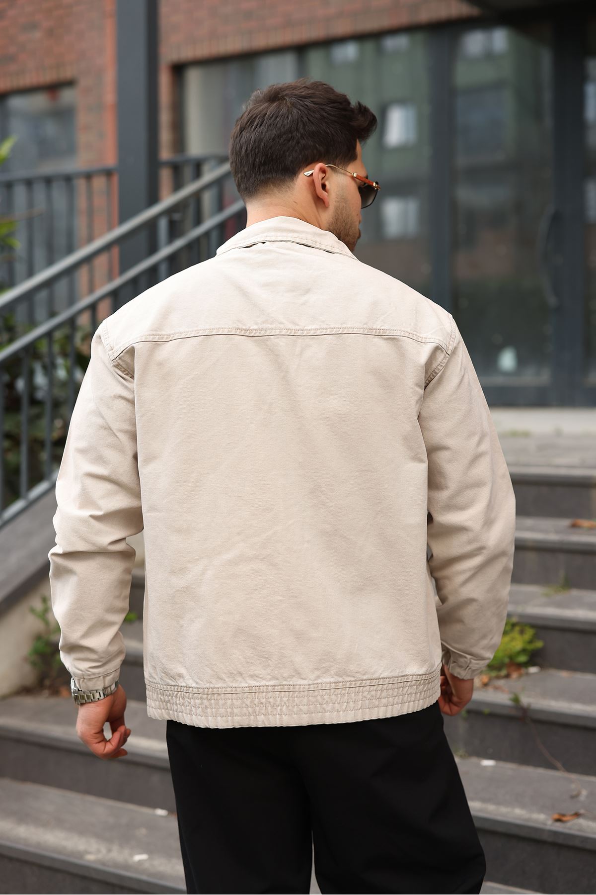 Erkek Regular Fermuarlı ve Çıtçıtlı Bej Kanvas Ceket