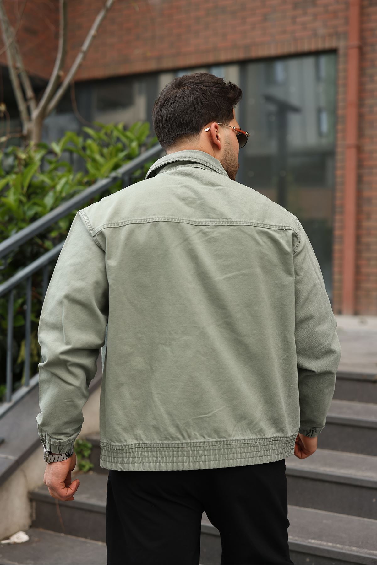 Erkek Regular Fermuarlı ve Çıtçıtlı Haki Kanvas Ceket