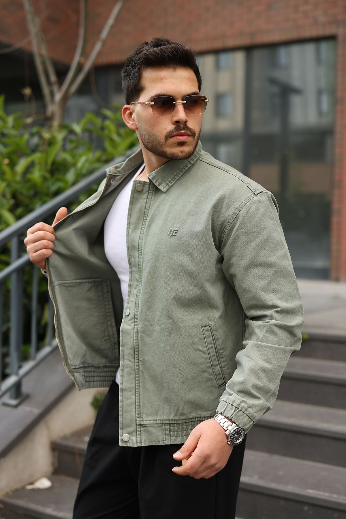 Erkek Regular Fermuarlı ve Çıtçıtlı Haki Kanvas Ceket