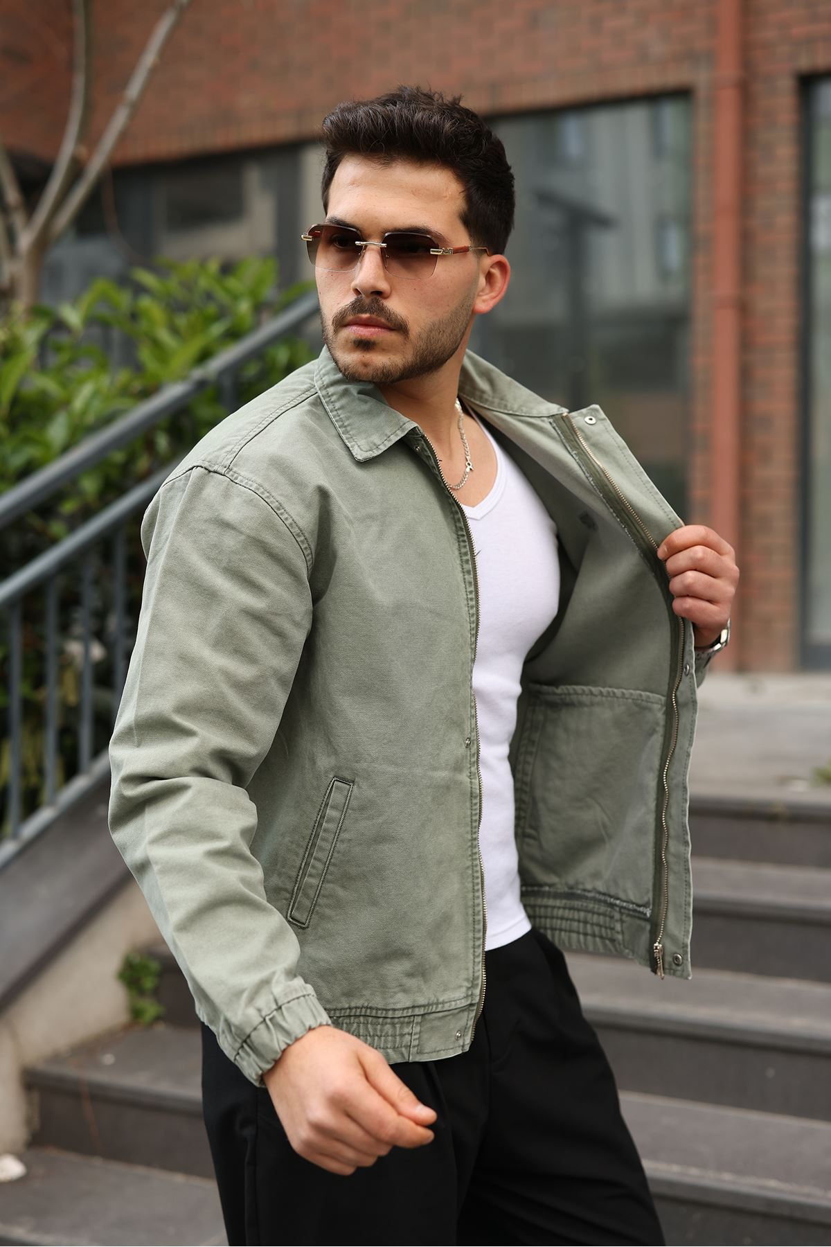 Erkek Regular Fermuarlı ve Çıtçıtlı Haki Kanvas Ceket