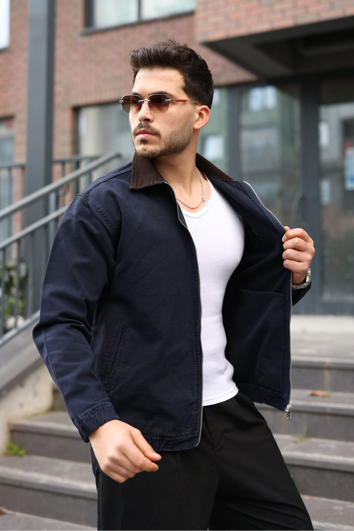 Erkek Relaxed Canvas Lacivert Ceket