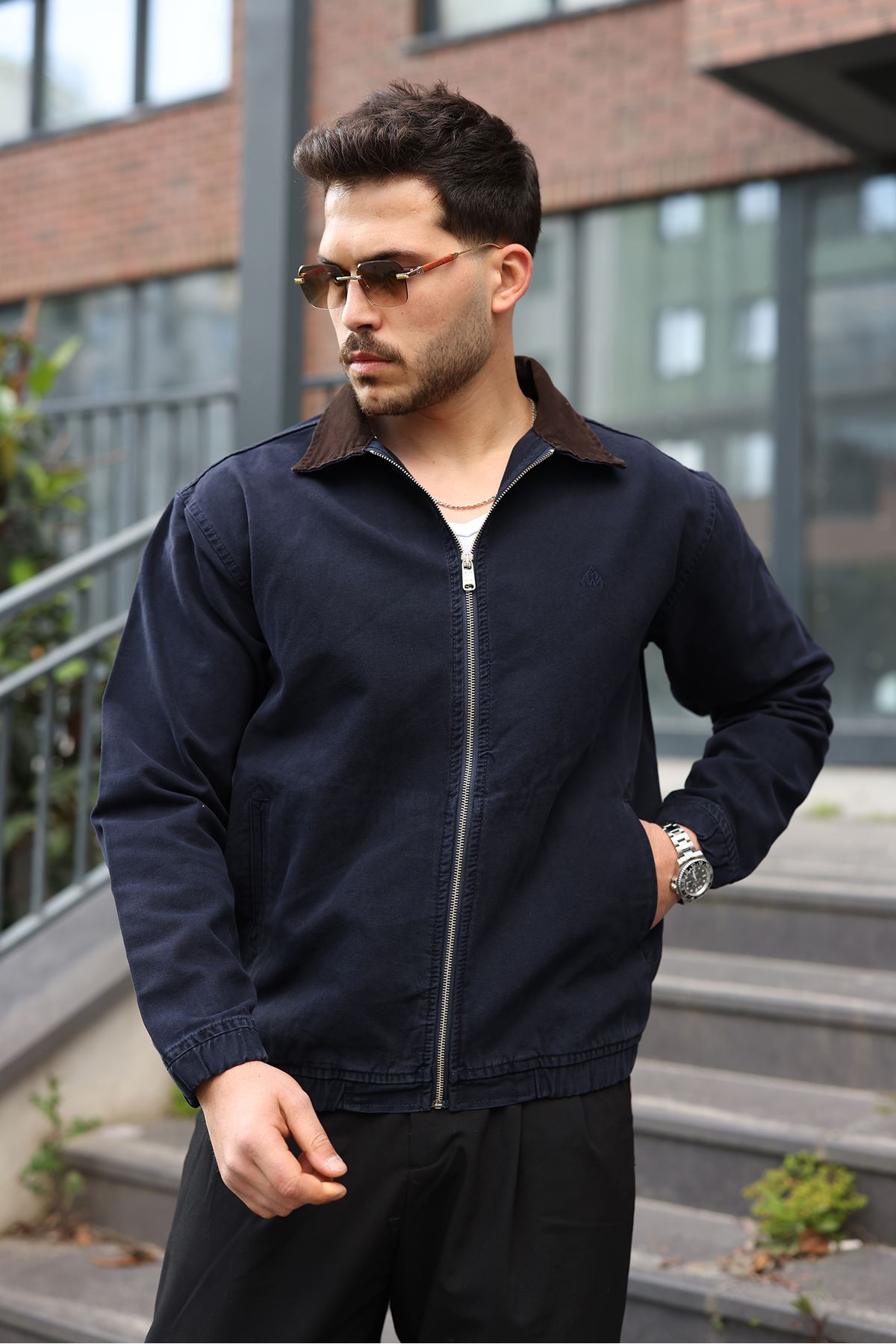 Erkek Relaxed Canvas Lacivert Ceket