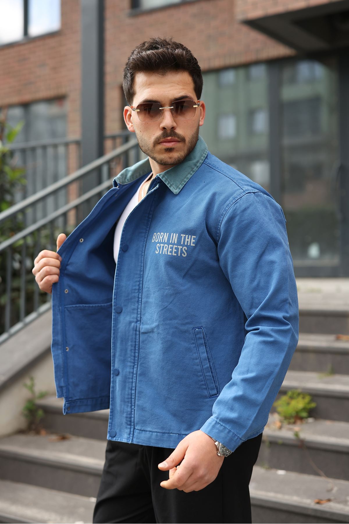 Мужская джинсовая куртка-бомбер оверсайз цвета хаки, стираная модель на молнии