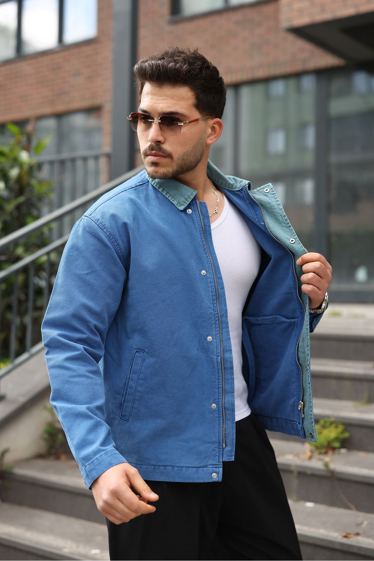 Мужская джинсовая куртка-бомбер оверсайз цвета хаки, стираная модель на молнии