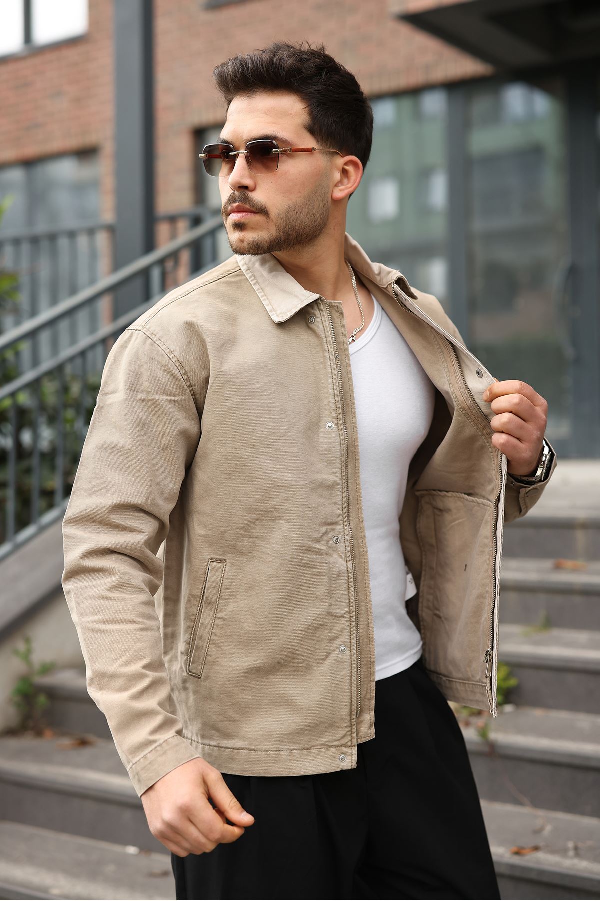 Мужская джинсовая куртка-бомбер оверсайз цвета хаки, стираная модель на молнии