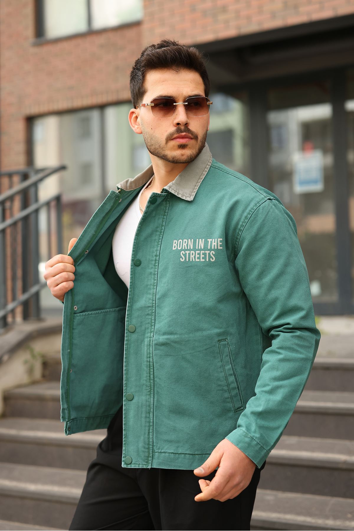 Erkek Regular Fermuarlı, Çıtçıtlı ve Baskılı Yeşil Canvas Ceket  