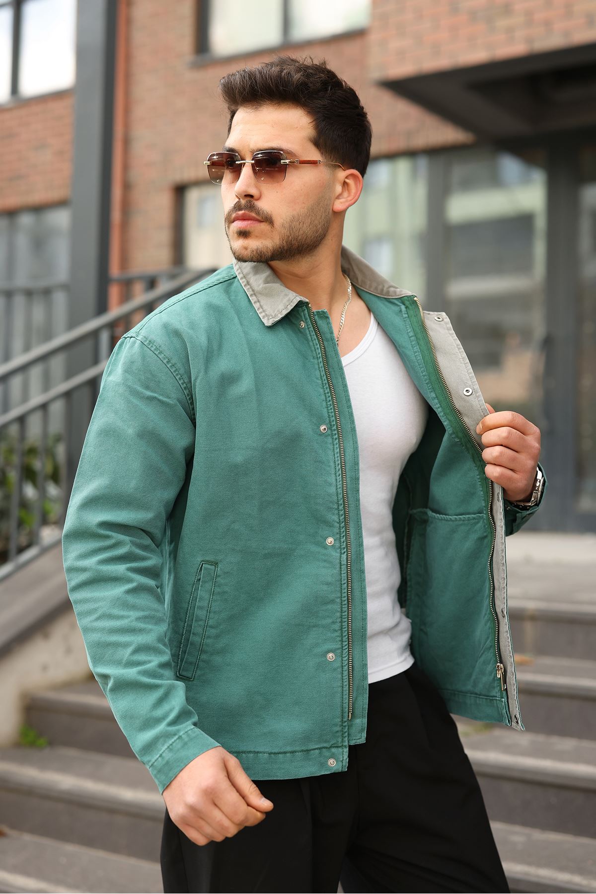 Erkek Regular Fermuarlı, Çıtçıtlı ve Baskılı Yeşil Canvas Ceket  