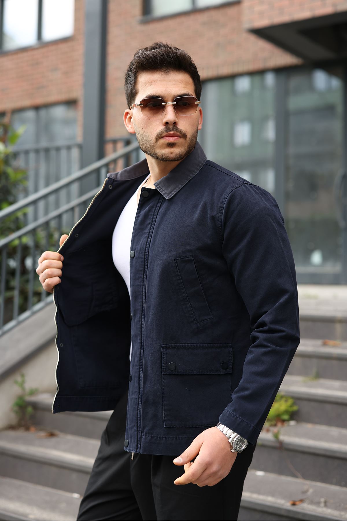 Erkek Lacivert Garni Yaka Spor Canvas Mont 