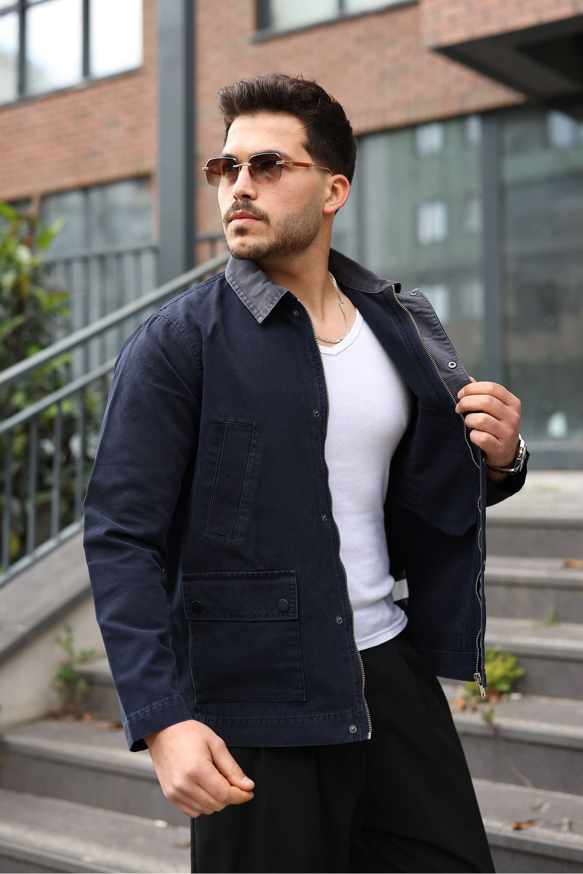 Erkek Lacivert Garni Yaka Spor Canvas Mont 