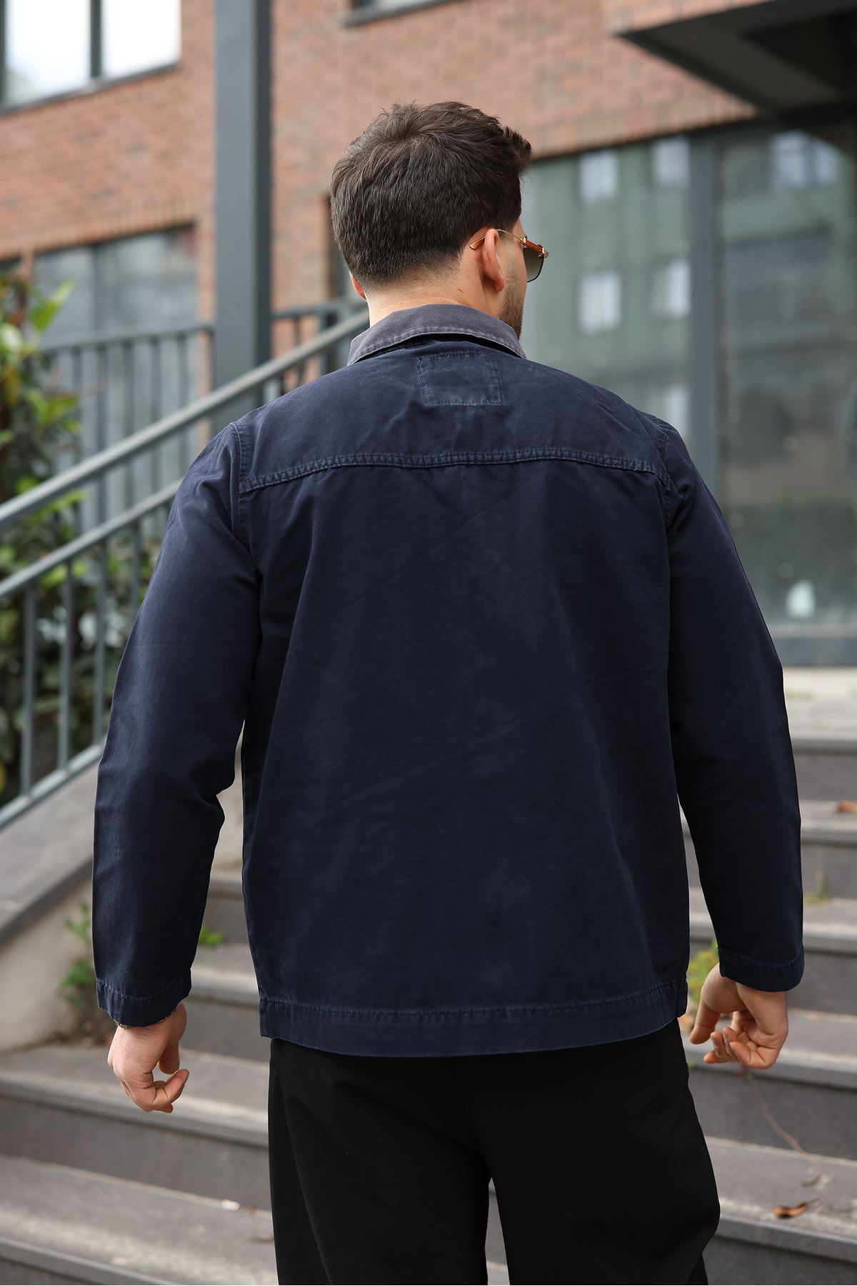 Erkek Lacivert Garni Yaka Spor Canvas Mont 