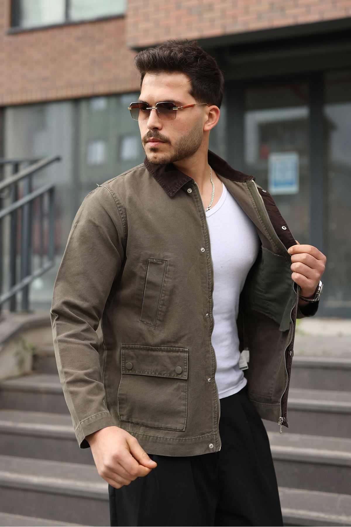 Erkek Haki Garni Yaka Spor Canvas Mont 